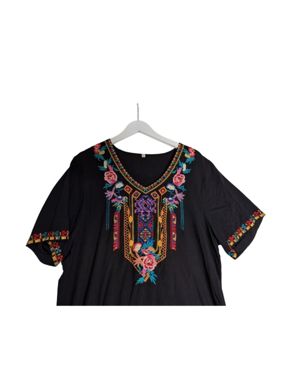 Boho Embroidered Black Mini Dress V Neck Short Sleeve Floral Casual Peasant XL S - Picture 10 of 13